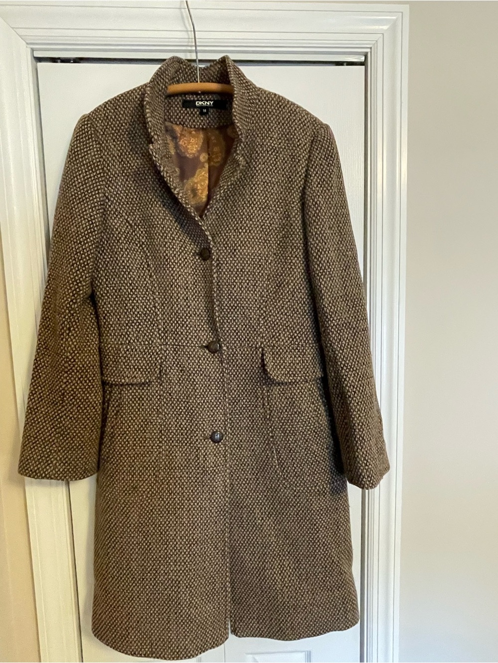DKNY Donna Karan New York Brown & Tan Tweed 3/4 Length Lined Coat (Size 14)